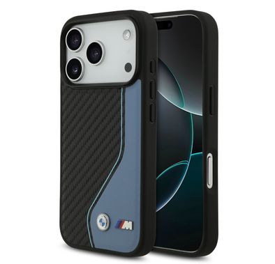BMW PU Leather & Carbon Case with Colored Line Stitch for iPhone 17 Pro Max, Drop Protection, MagSafe Compatible, Sustainable Packaging, Easy Snap-On Design, Slim Profile - Black / Blue