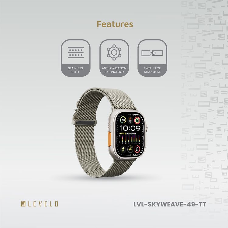 حزام ساعة Levelo SkyWeave، متوافق مع الساعات الذكية 49/46 ملم وساعة Apple Watch SE، السلسلة 9، 8، 7، 6، 5، هيكل من قطعتين، مقاوم للماء، للارتداء على مدار الساعة طوال أيام الأسبوع - التيتانيوم