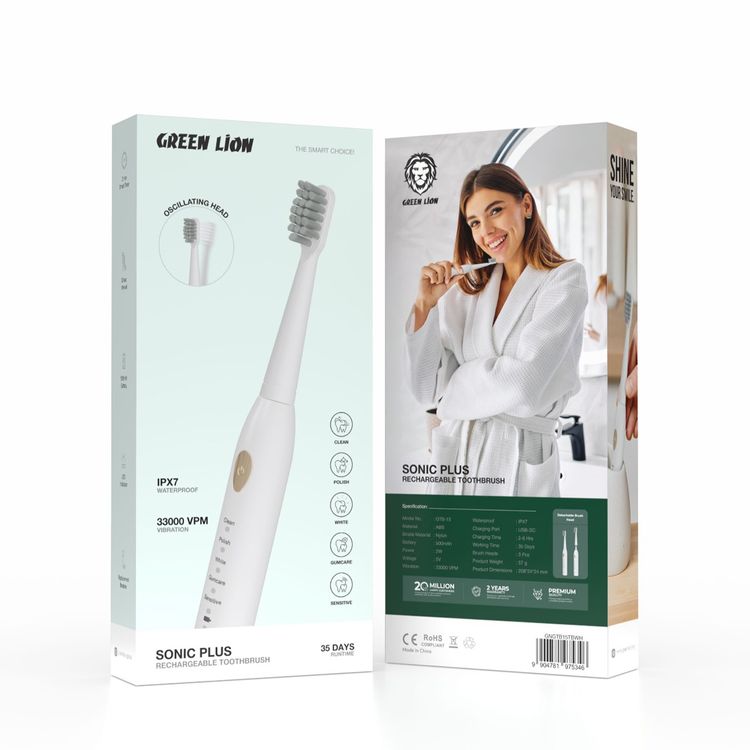 Green Lion Sonic Plus Rechargeable Toothbrush with LED Indicator, 500mAh Battery, 35 Days Working Time, 33000VPM Vibration, 30 Seconds Interval, 2 Minutes Smart Timer, Dual Replacement Brushes - White