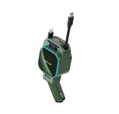 Green Lion Retractable Car Charger with Digital Display, 36W Power Delivery, Over-Voltage Protection, 70cm Cable Length,  120W Rated Power, Retractable Cables - Green