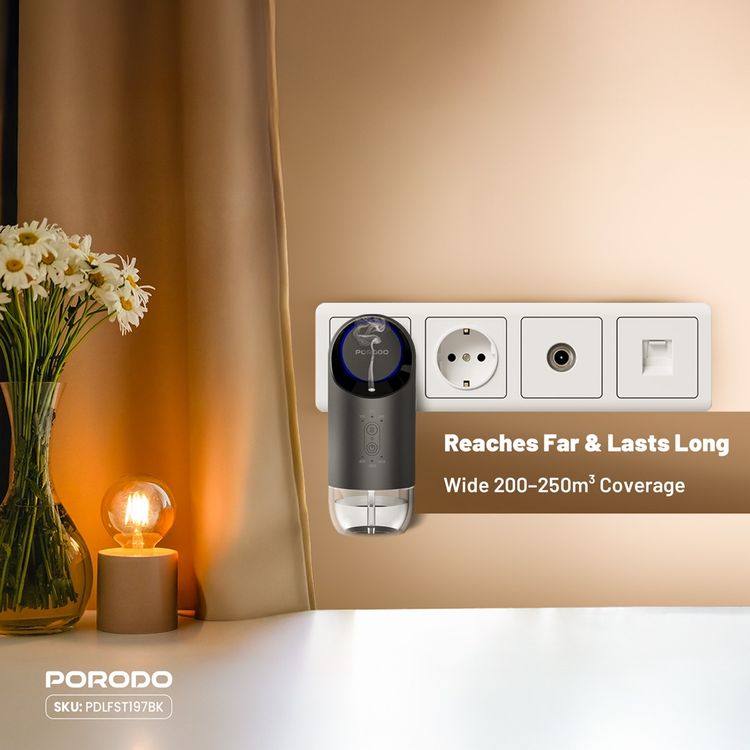 Porodo Wall Plug-in Essential Oil Diffuser with Customizable Mist Intervals, 120mL Capacity, 200-250m³ Coverage Area, 60s, 180s & 360s Timer Settings, Refill Indicator Light, Waterless Diffusion - Black
