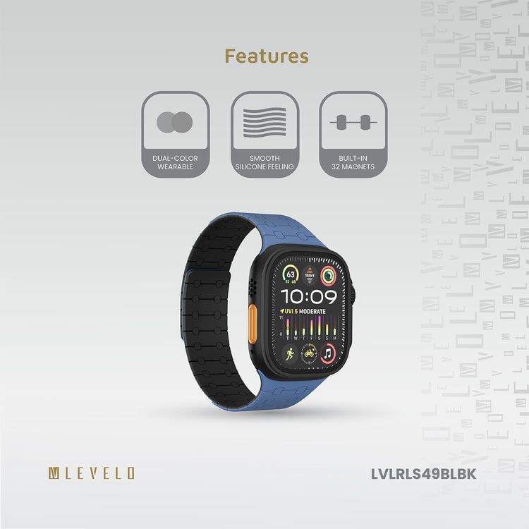 حزام ساعة سيليكون Levelo Royallink ثنائي اللون لساعة Apple Watch بحجم 49/46 مم، مصنوع من مواد مضادة للحساسية، يحتوي على 32 مغناطيس مدمج، مقاوم للماء والعرق، يتميز بقوة التثبيت المغناطيسي، سهل التركيب - أزرق / أسود.
