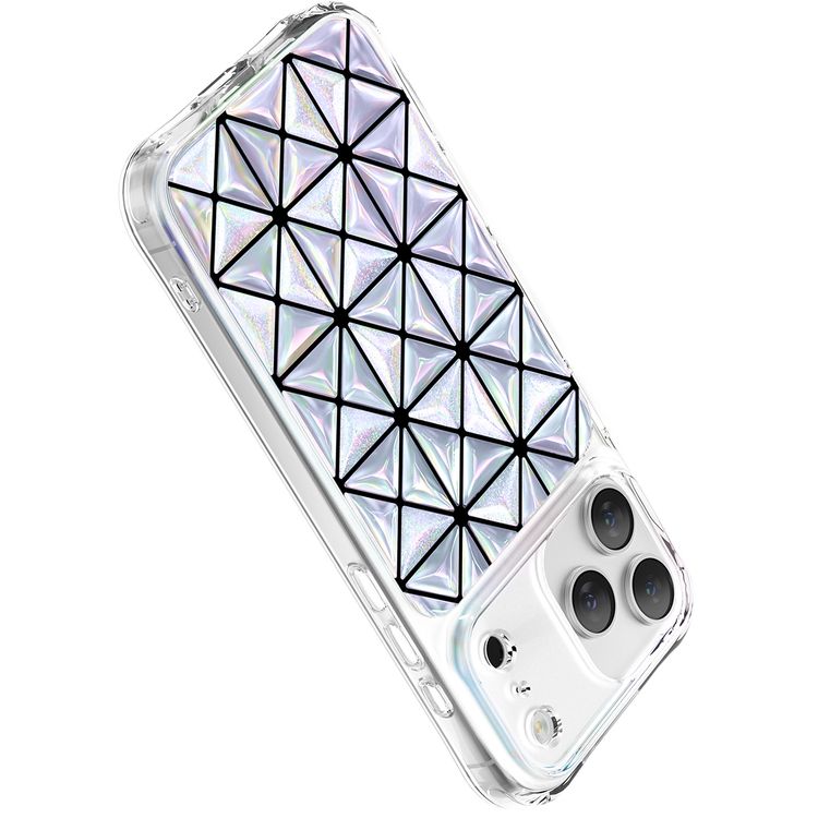 غطاء Levelo Hexa 3D الهندسي لهاتف iPhone 17 Pro Max، زوايا مقاومة للصدمات، حواف مرتفعة للكاميرا والشاشة، مصد مقاوم للصدمات، تقنية Ever-Clear، مجرب ضد السقوط - لون فضي