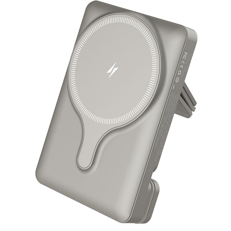 Powerology Car Mount 5000mAh Power Bank with Magnetic Wireless Charger, MagSafe Charging, PD 20W Fast Charge, Folding Air-Vent Clip, LED Indicator, Built-In Type-C Cable, Lightweight & Portable - Titanium