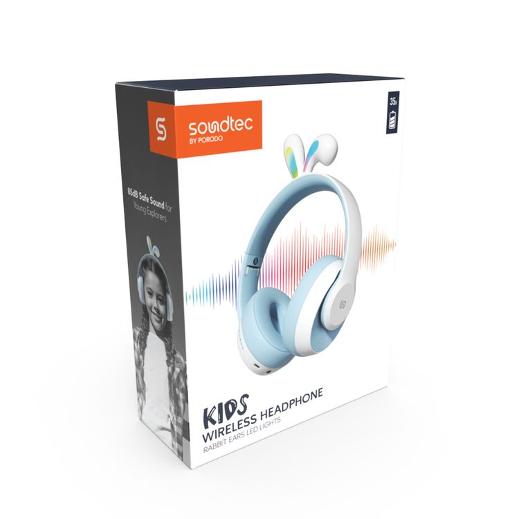 Porodo Soundtec Kids Wireless Headphones with Rabbit Ears & LED Lights, 40mm Speaker, 85dB Safe Sound, Up to 57 Hours Play Time, Bluetooth Version 5.3, Up to 40 Hours Talk Time, USB-C Charging Port - Blue