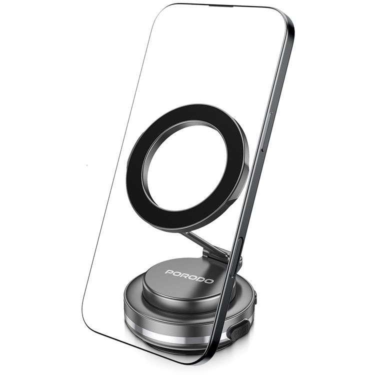 Porodo Vacuum Lock MagSafe Phone Holder with One-Touch Electric Suction, 100mAh Battery, N52 Magnets, 360° Rotation, Adjustable Viewing Angle, Foldable State, Multi-Surface Mount, ABS, Silicone & Zinc Alloy Material - Black