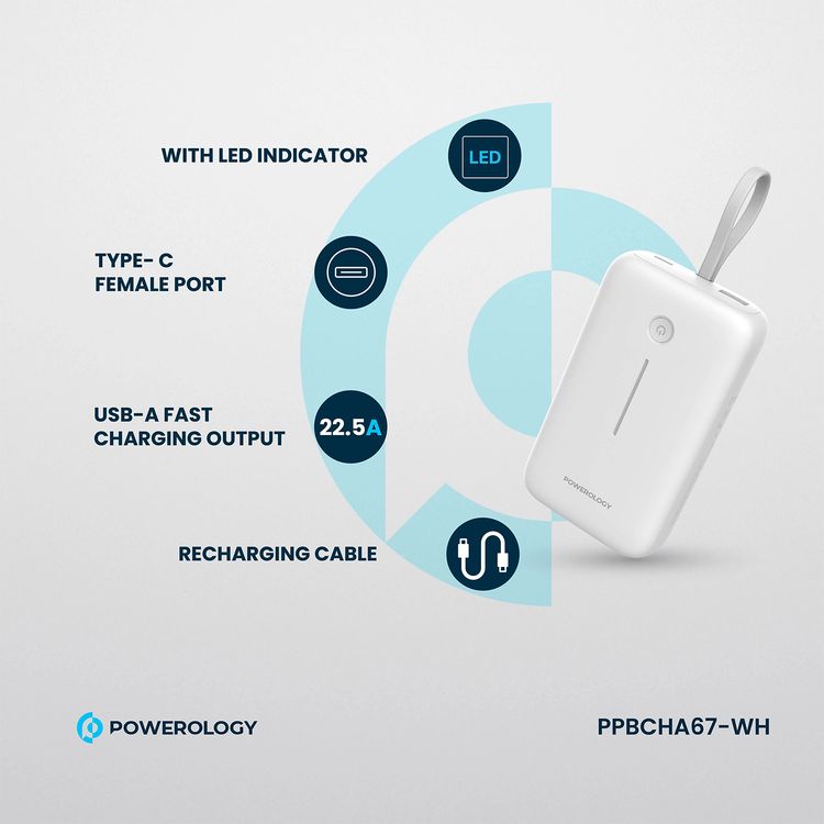 Powerology 20000mAh Power Bank with Detachable USB-C Wire, 30W Power Delivery, 3-Device Charging, Long Time Standby, Universal Phone Compatibility, Built-in Safeguards - White