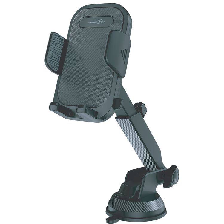 Porodo Blue Cradle Suction Car Phone Holder with Adjustable Arm, Full-Angle Rotation, Strong Adhesive, One-Handed Operation, 360° Rotation Base, ABS + PC Material, 1kg Load Capacity, Lock and Release Function - Black 