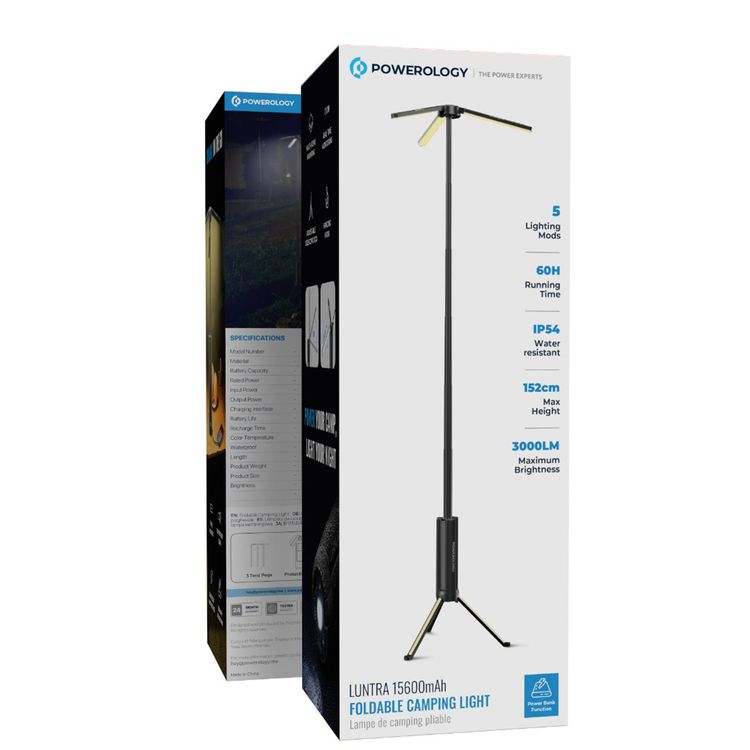 Powerology Luntra 15600mAh Foldable Camping Light with Power Bank Function, 5 Lighting Modes, 30W Rated Power, Up to 60 Hours Battery Life, Adjustable Telescopic Rod, Top Spotlight Beam - Black