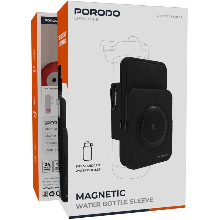 Porodo Lifestyle Magnetic Water Bottle Bag for Standard Water Bottles, Durable Neoprene Material, Magnetic Phone Holder, 3mm Magnet Thickness, Compact & Portable - Black