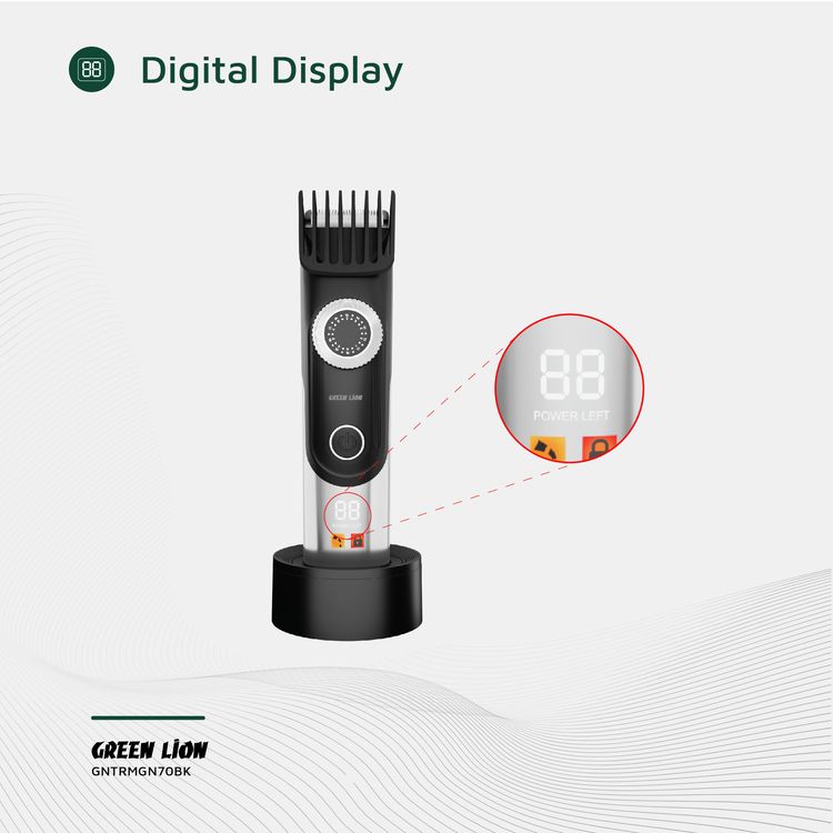 Green Lion Trim Gen"70 Body Hair Trimmer with 3 Speed Levels, LED Status Indicator, Corded & Cordless Use, Charging Base, 1.5 Hours Working Time, 6000RPM Motor - Black