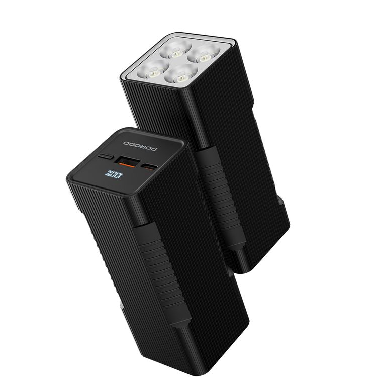 Porodo Lumera 10000mAh Power Bank with Built-in Flashlight, High-Speed Charging, Built-in Safeguards, USB-A & USB-C Output, 350 Lumens Brightness - Black