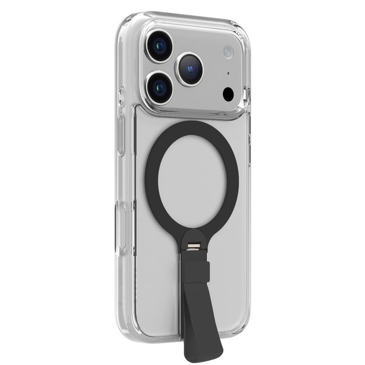 Levelo Spira MagSafe Clear Grip Case for iPhone 17 Pro, Strong Magnets, Horizontal & Vertical Viewing, Shock-Resistant Bumper, Anti-Scratch, 360° Rotating Metal Kickstand - Phantom Black