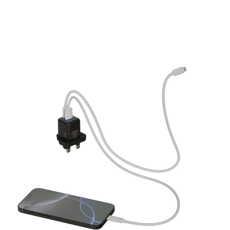 Levelo Vero GaN  Double Port Adapter with PD 20W, Type-C + USB-A Ports, 20W Max Output, Fast Charging, Over Charge Protection - Black / Blue