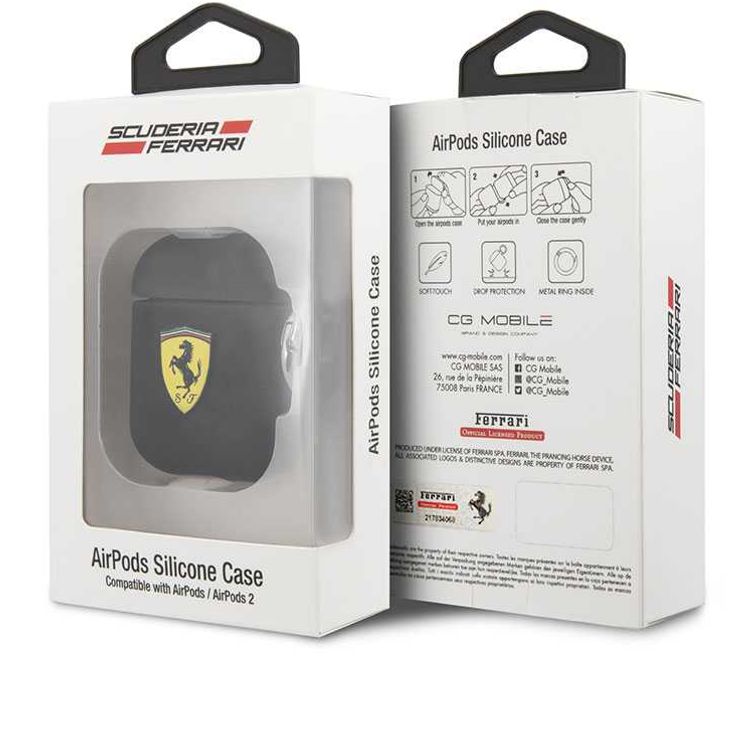 سي جي موبايل فيراري سكوديريا جراب سيليكون بحلقة متوافق مع ايربودز 1/2 ، مقاوم للخدش ، ممتص للصدمات ، حماية من السقوط ، وغطاء سيليكون واقٍ من الغبار مرخص رسميًا