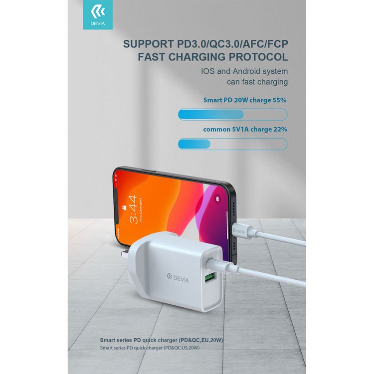 Devia Smart Series PD & QC Quick Charger UK 20W with Type-C to Lightning Cable 1M + USB to Type-C Cable 1M - White