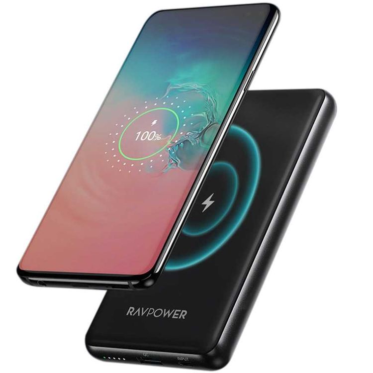 RAVPower Turbo 2-Port Portable Wireless Power Bank 10000mAh 10W Compatible with All Qi-enabled Phones - QC3.0 Fast Charging Portable Wireless Charger Powerbank 5V/2.4A - Black