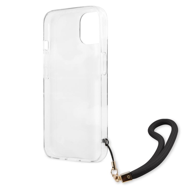 CG MOBILE Guess PC/TPU Case Camo Design & Stripe with Anti-Lost Nylon Strap for iPhone 13 (6.1") Back Cover Suitable with Wireless Chargers Officially Licensed Black