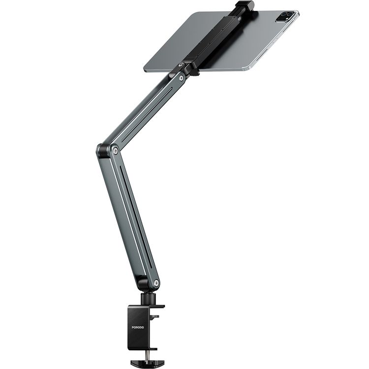 حامل الهاتف والتابلت متعدد الوصلات من Porodo بزاوية مشاهدة مرنة، مصنوع من سبيكة الألمنيوم، وظائف الالتواء والإمالة، توافق واسع - رمادي