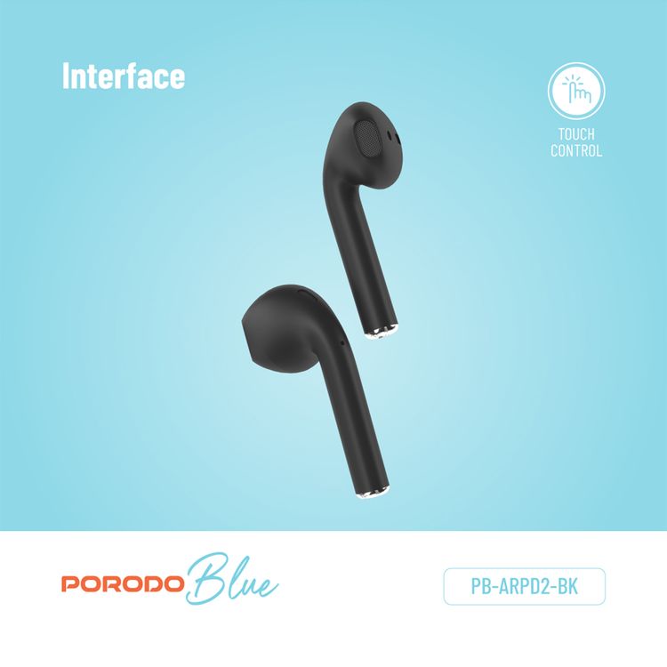 Porodo Blue Deep Bass Wireless Earbuds 2, One-Step Pairing, Comfortable Fit, Independent Earbuds, Touch Control, Deep Bass - Black