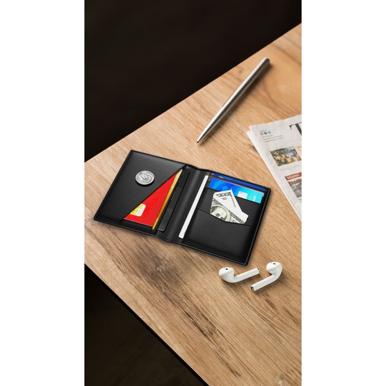 Levelo Bifold Black Genuine Leather Pocket Organizer with Debossed Logo, 8 Slots, Genuine Leather, Medium - Black