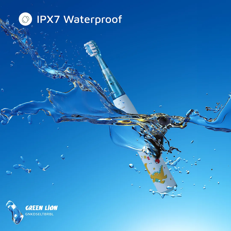 Green Lion Kids Electric Toothbrush with 3 Function Modes, 60 Days Working Time, Food-Grade Bristles, Waterproof, Shining Lights, 500mAh Battery Capacity - Blue