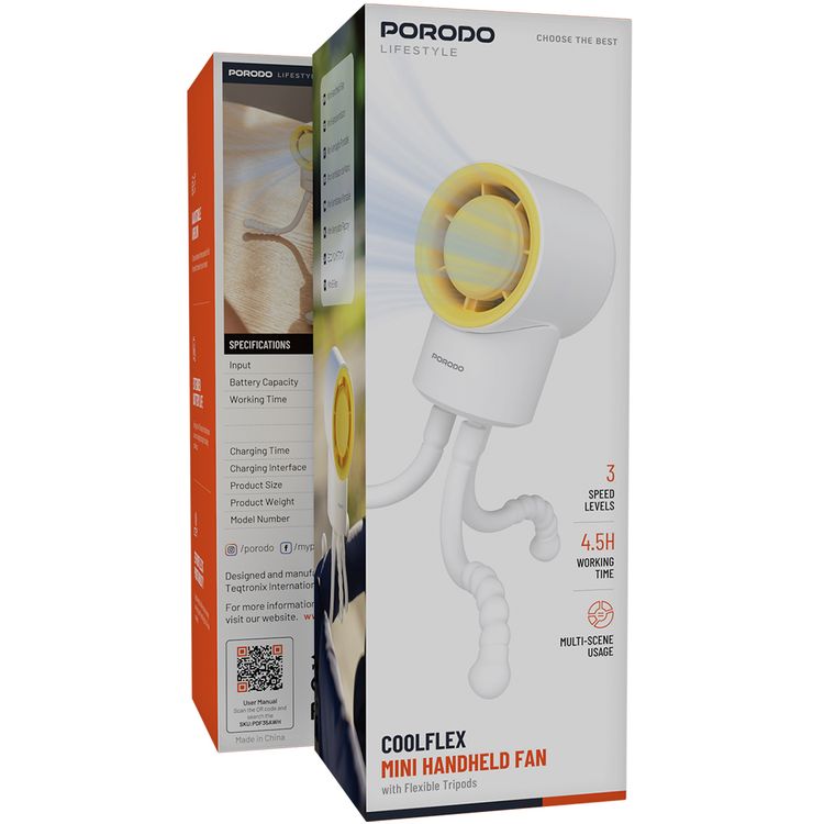 مروحة يد محمولة Porodo Coolflex Mini مع منصات ثلاثية مرنة، حتى 4.5 ساعات من العمل، 3 مستويات للسرعة، منفذ شحن USB-C، تدفق هواء قابل للتعديل، استخدام متعدد للعطور، سهلة الحمل - أبيض
