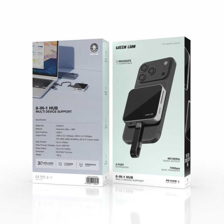 Green Lion 8-in-1 Hub with Multi-Device Support, USB-C Input, Up to 10Gbps Data Transfer Speed, 100W Power Delivery, Fast Charge, 8-Port Expansion - Black