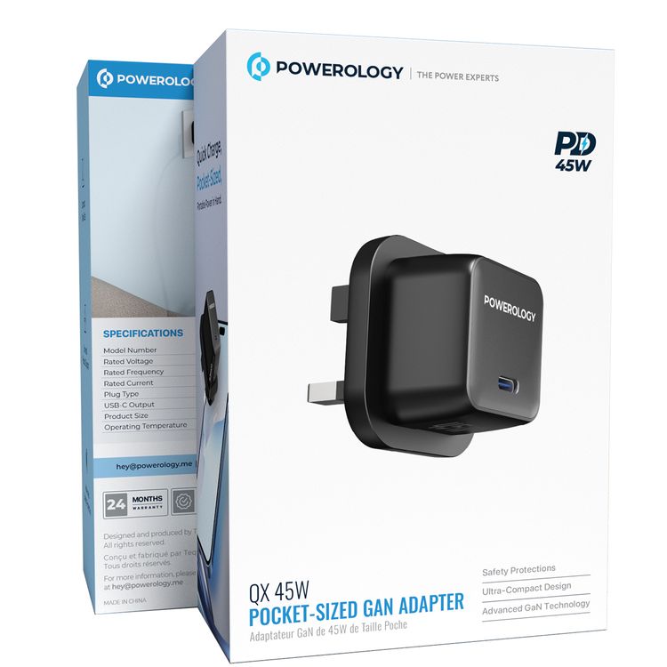 Powerology QX 45W Pocket-Sized GaN Adapter with Safety Protections, USB-C Port, Ultra-Compact Design, UK 3-Pin Plug, PD 45W - Black / Gray