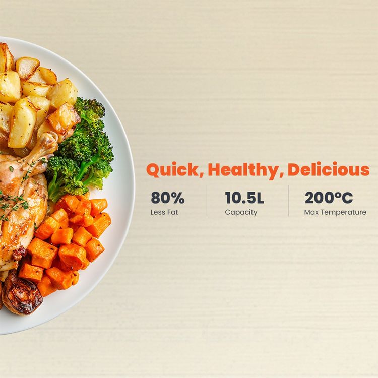 Porodo Flexi Cook Pro with 10.5L Capacity, Grill, Fry & Bake Functions, 10 Preset Programs, 12-Hour Delay Function, 80% Less Oil for Healthier Meals, Dual Opening Method, 40-200°C Temperature Range - Black