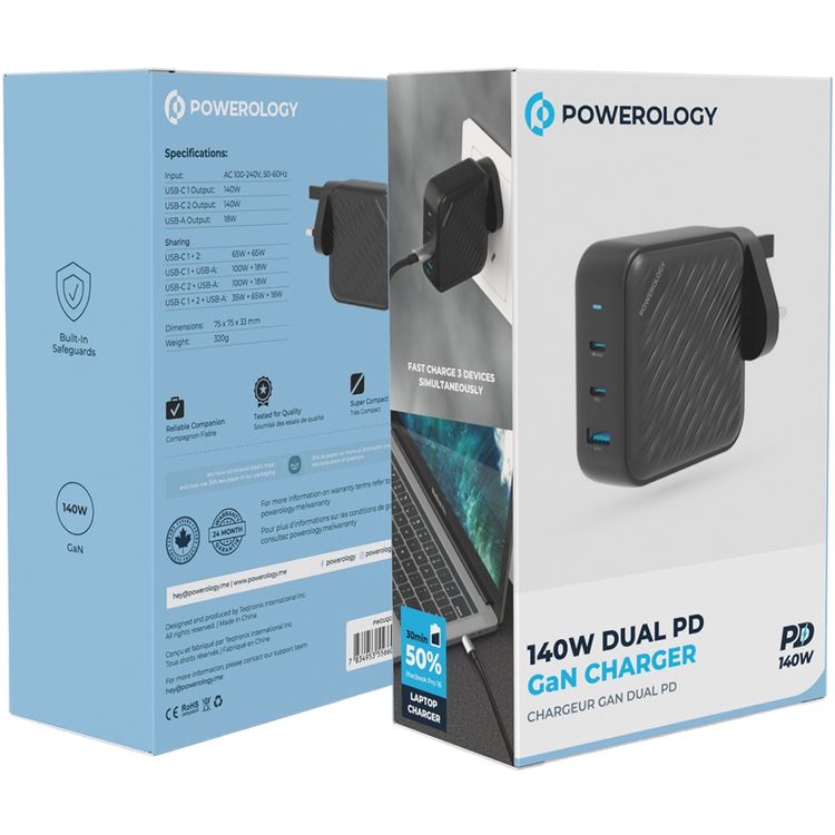Powerology 140W Dual PD GaN Charger with Built-in Safeguards, 18W USB-A Output, UK 3-Pin Plug, Laptop Charging Compatibility, Triple-Port Fast Charging - Black
