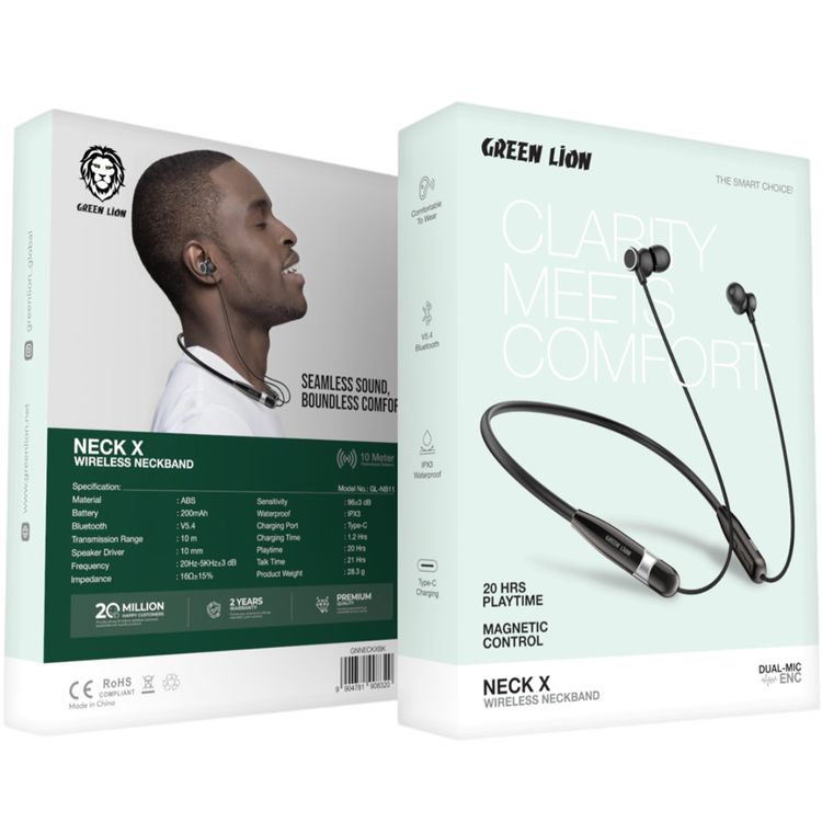 Green Lion Neck X Wireless Neckband with Magnetic Control, Comfortable to Wear, IPX3 Water Resistance Level, Type-C Charging Port - Black