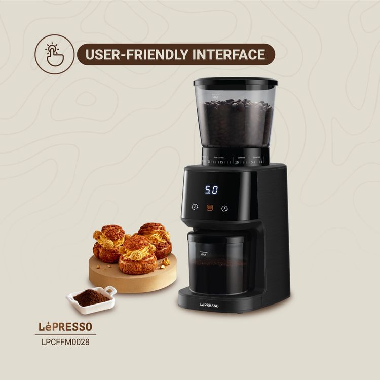 Lepresso Conical Burr Grinder, 275g Bean Hopper Capacity, 99g Chamber Capacity, 31 Grind Settings, User Friendly Interface, Timer Technology - Black