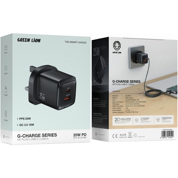 Green Lion G-Charge Series Wall Charger with USB-A & USB-C Ports, PD 25W, QC 18W, 3-Pin UK Plug, ABS & Copper Material, Fast Charge Support, GaN Technology - Black