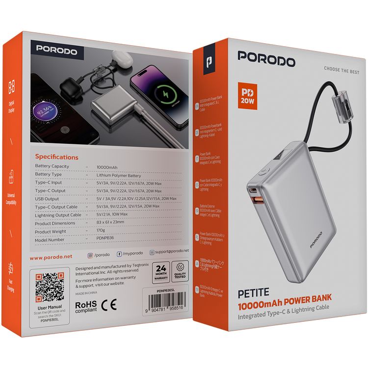 Porodo Petite 10000mAh Power Bank with Integrated Type-C & Lightning Cable, PD 20W, USB-A & USB-C Ports, Fast Charge Support, Digital Display, Universal Compatibility - Silver