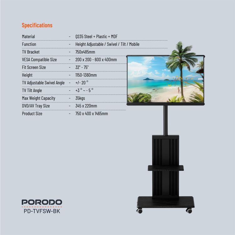 Porodo Mobile TV Stand with 35kg Maximum Weight Capacity, 32"-75" Screen Size Compatibility, Dynamic Swivel & Tilt, Up to 1.36m Height Adjustability - Black