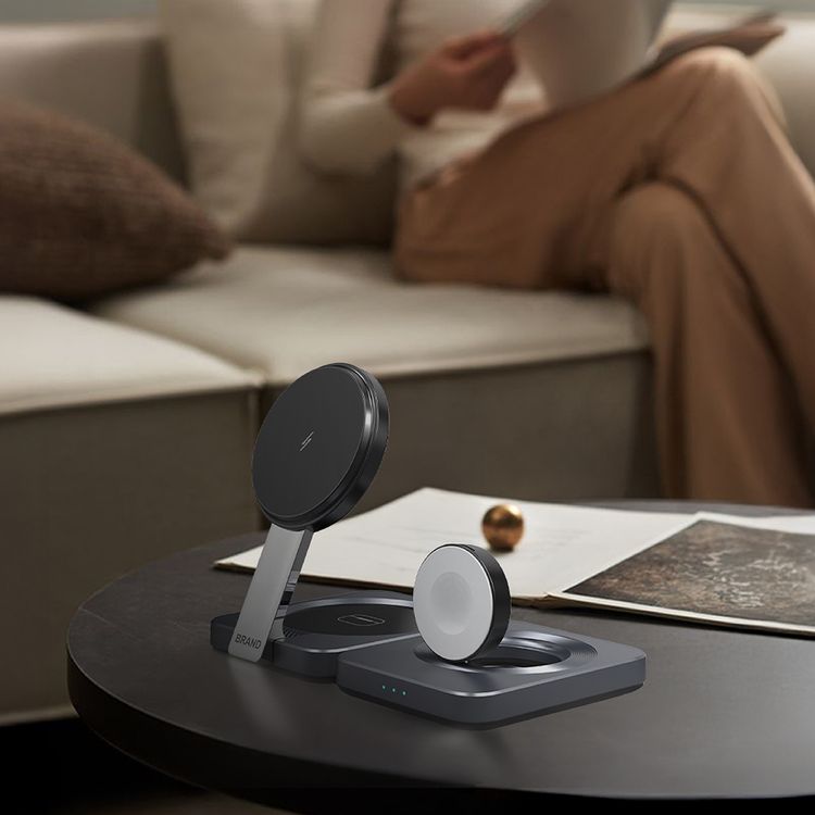 Powerology 3-in-1 Multi-Device Charging Stand with Active Cooling System, 15W Wireless Charging, Type-C Port, Smart & Portable Design, MagSafe Compatibility - Black