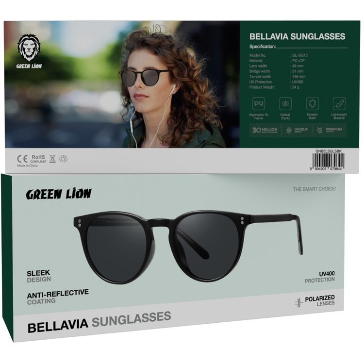 نظارات شمسية جرين ليون بيلافيا بعدسات مستقطبة، عرض الذراع 146 ملم، إطار مريح، حماية UV400، عرض الجسر 21 ملم، وضوح مثالي، طلاء مضاد للانعكاس - أسود.