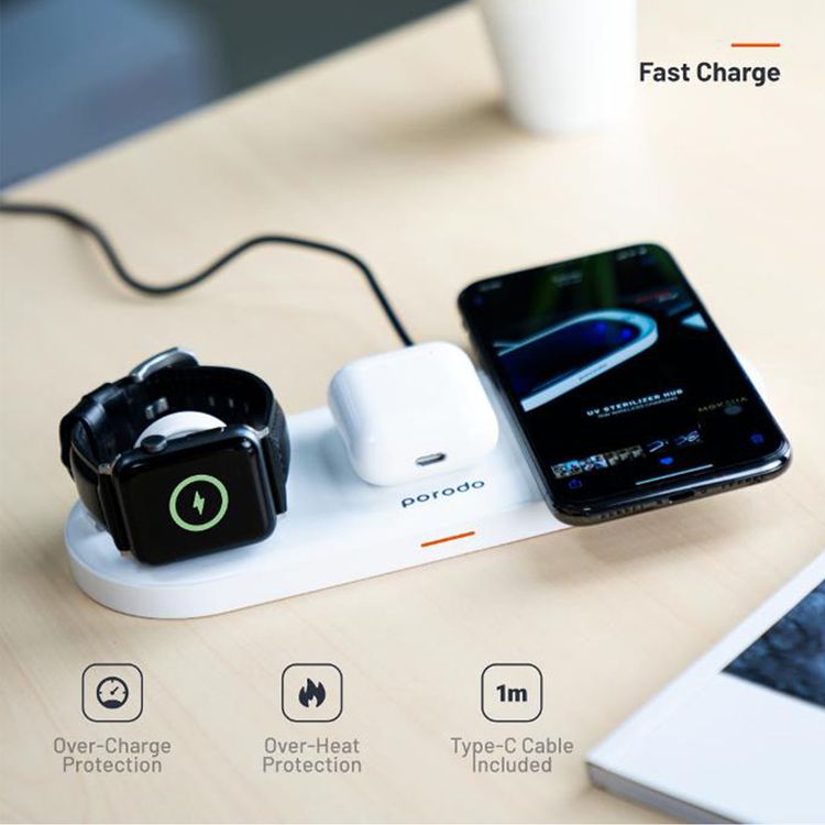Porodo 4-in-1 Slim Charging Base with Built-in Foldable Watch Charger, Type-C Cable Included, Up to 10W Fast Wireless Charging, Overcharge & Overheat Protection -  White
