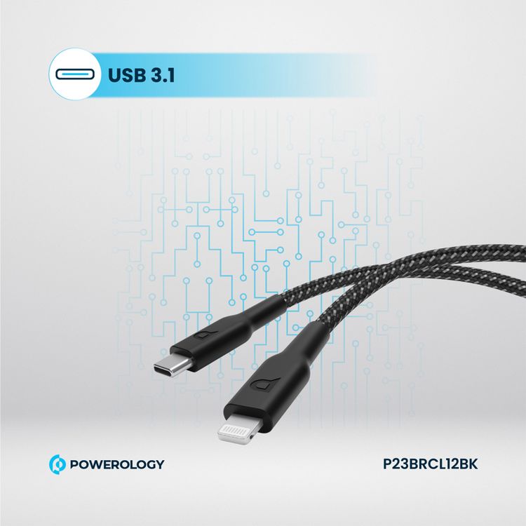 Powerology Braided USB-C to Lightning Charging Cable with Fast Charging & Data Transfer, 60W Power Delivery, Universal Compatibility, 1.2m Cable Length - Black