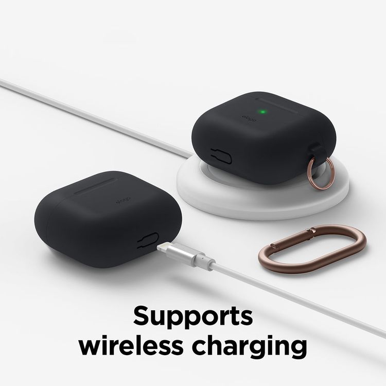 ELAGO Hang Case with Anti-Lost Ring for AirPods 3, Drop Resistant, Dustproof & Absorbing Protective Cover with Hang Case Suitable with Wireless Charger Black