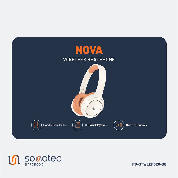 Porodo Soundtec Nova Wireless Headphone, 400mAhBattery Capacity, 2HCharging Time, V5.3Bluetooth, 20H  Play Time - Beige