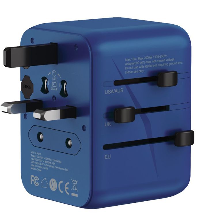 Green Lion 12W Universal Travel Adapter, Short Circuit Protection, UK, AU, EU and US Pin, Super Compact & Travel Friendly - Blue 