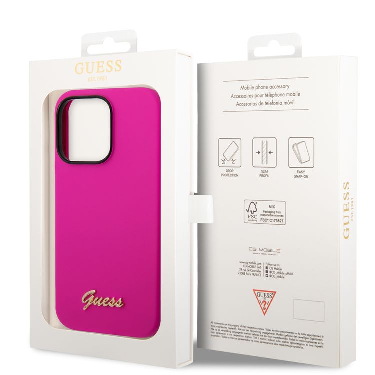 Guess Liquid Silicone Case With PC Camera Outline & Script Metal Logo - iPhone 14 Pro - Fuchsia