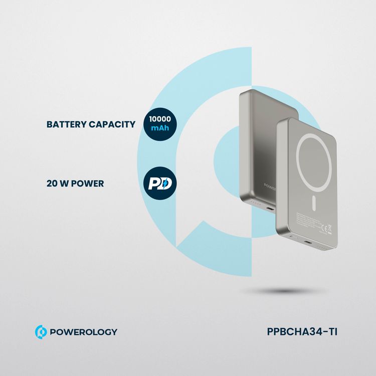 بنك الطاقة Powerology MagSafe من الألومنيوم بقدرة 10000 مللي أمبير في الساعة مع مؤشر لمستوى البطارية، تصميم خفيف الوزن وصغير الحجم، شحن سريع ومتزامن، مدخل ومخرج من النوع C، مخرج لاسلكي 15 وات - التيتانيوم