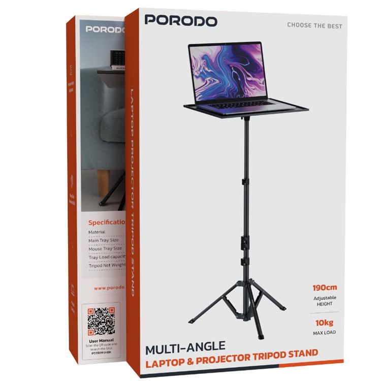 Porodo Multi-Function Stand Projector and Laptop, 360° Tray Rotation, 90° Tray Tilt, Side Tray, 10Kg Tray Load Capacity, Aluminium  - Black