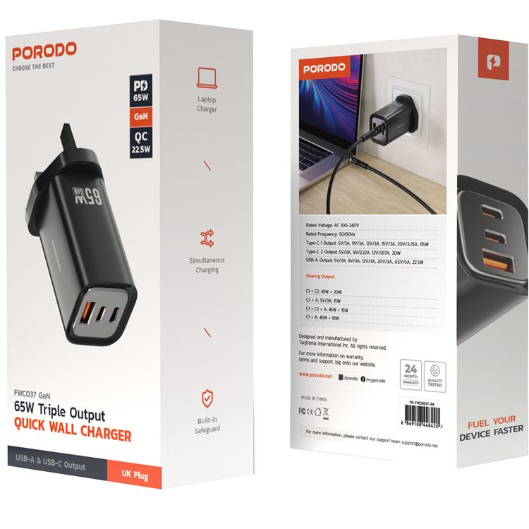 Porodo Triple Output Quick Wall Charger with 65W Power Delivery, Built-in Safeguards, Simultaneous Charging, 22.5W USB-A Output, Laptop Charging Compatibility - Black