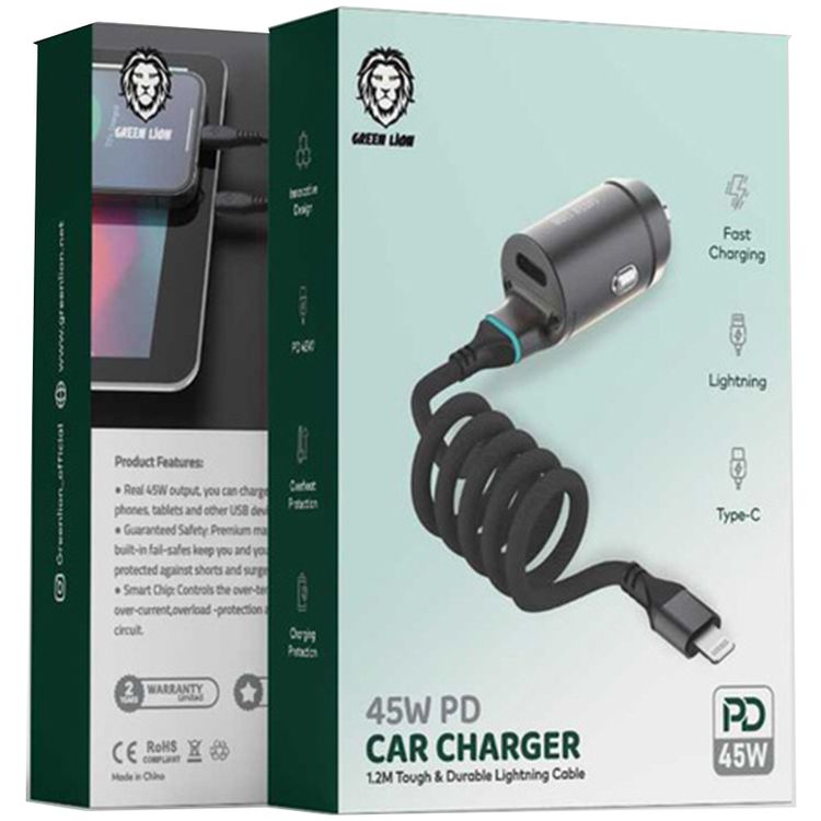 Green Lion 45W PD Car Charger with Integrated Lightning Cable, Charging Protection, Overheat Protection, Innovative Design, Compact & Lightweight - Black