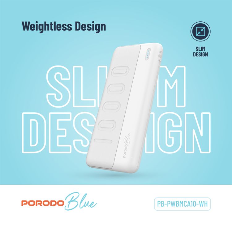 Porodo Blue 10000mAh Slim Power Bank with Dual USB-A Output, Lightweight & Compact Design, Type-C Input, LED Indicator - White