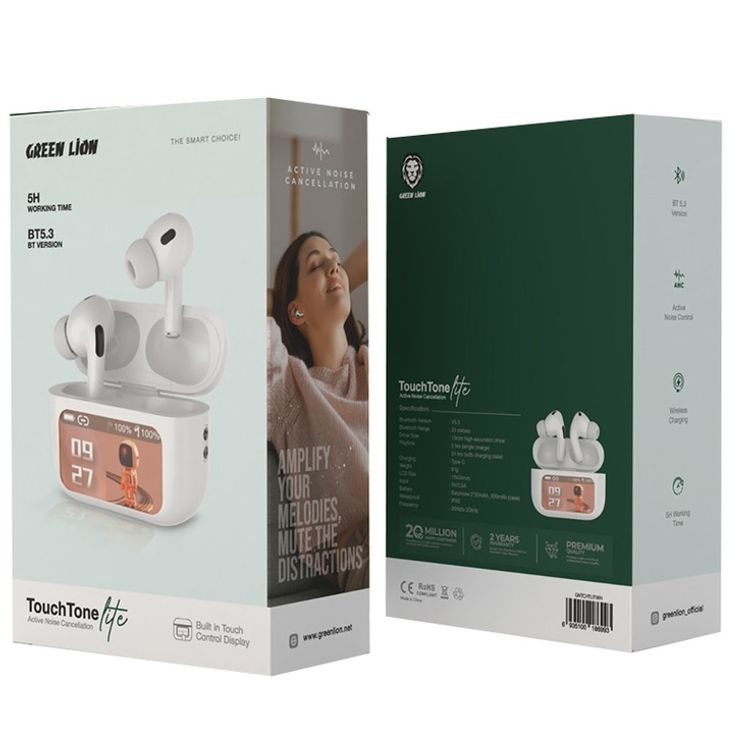 سماعات أذن Green Lion Touch Tone Lite مع خاصية إلغاء الضوضاء النشطة، 5 ساعات من التشغيل، 24 ساعة مع علبة الشحن، بطاريتان 30 مللي أمبير لكل سماعة أذن، علبة شحن 300 مللي أمبير، شاشة تحكم تعمل باللمس مدمجة